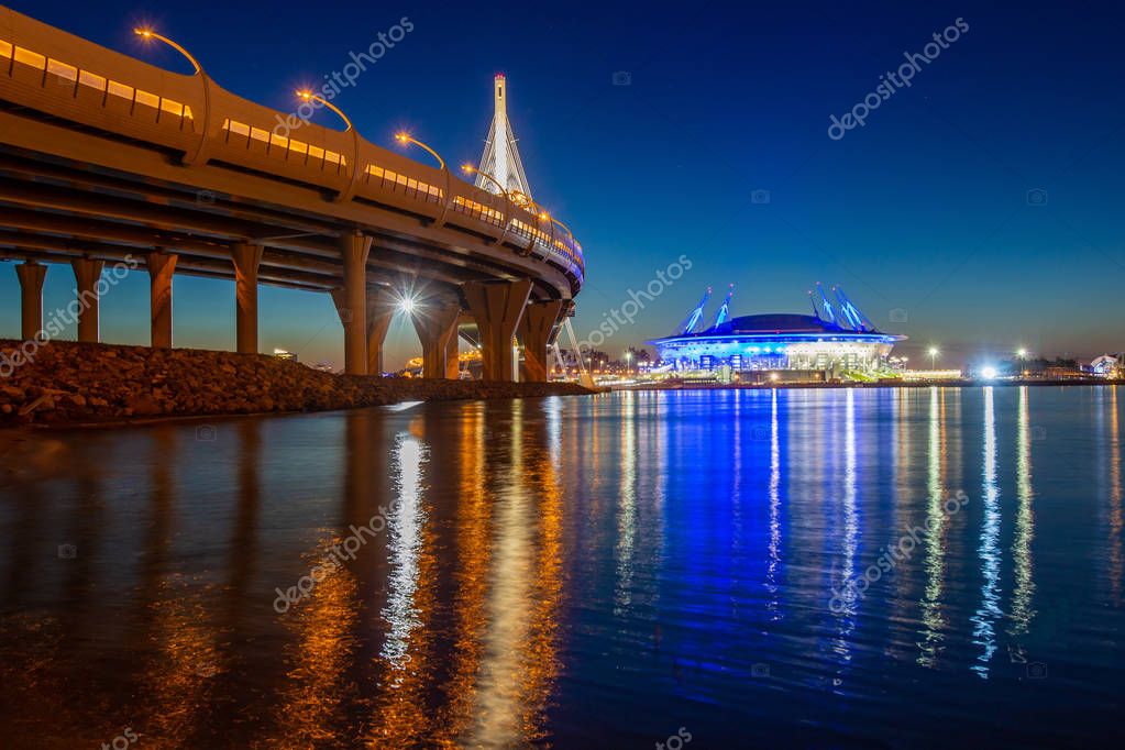 St. Petersburg. Krestovsky Island. Russia. The Neva River flows into the Gulf of Finland. High-speed highway. Stadium. Evening Petersburg. Cities of Russia. Bridges of Petersburg.
