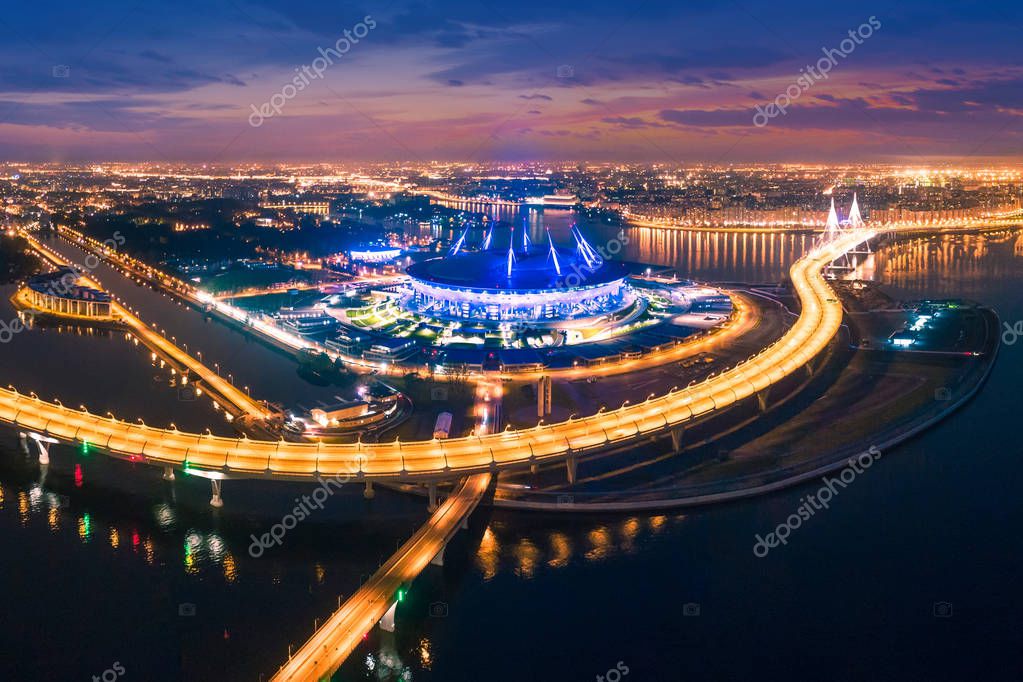Saint-Petersburg, Krestovsky Island. Russia. The Neva River flows into the Gulf of Finland. High-speed highway. Stadium. Evening Petersburg. Cities of Russia. Bridges of Petersburg.