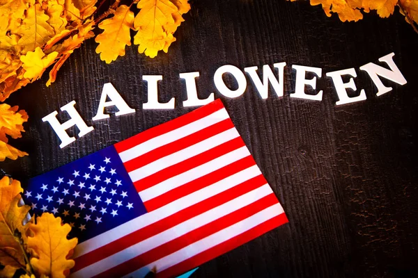 Halloween holiday. Decoration for the holiday. Vampires. Autumn holiday. Halloween in America. American flag. USA