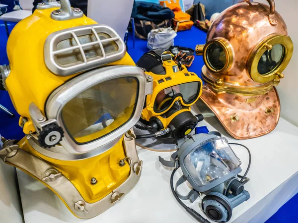 Equipment for diving under water. Industrial diving. Deep dive. Helmet for diving. Accessories submariner.