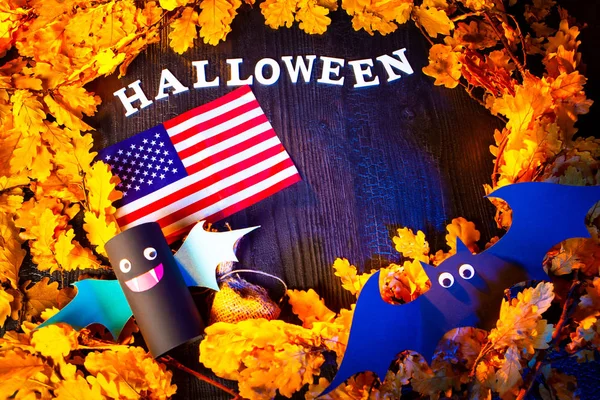 Halloween holiday. Decoration for the holiday. Vampires. Autumn holiday. Halloween in America. American flag. USA