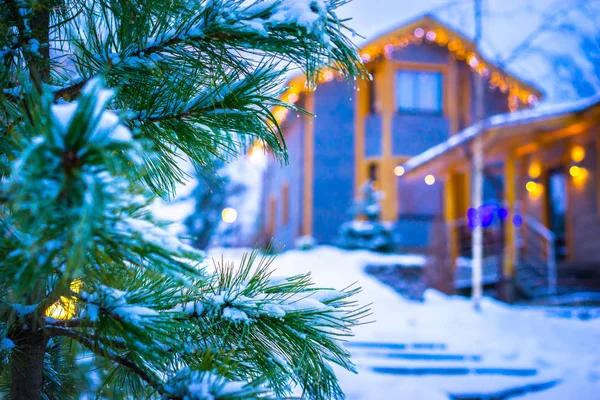 Winter. Snow. Snow-covered Christmas tree. Cottage. House. Snow-covered house. Snowfall. Winter vacation. Rent houses in the winter. Snow on the conifer. New Year. Christmas. The house is decorated fo