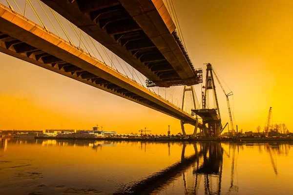 Construction of a cable-stayed bridge across the river. Construction of bridges. Construction of highways.