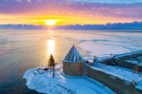 Saint Petersburg. Russia. Snow-covered fortress Oreshek on Ladog