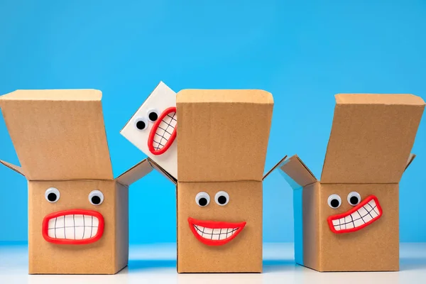 Emoji box. Packing of goods. Cardboard boxes. Delivery of purchases home. Positive emotions from shopping. Box with bubble wrap. Delivery service. boxes for moving. Cardboard packaging materials
