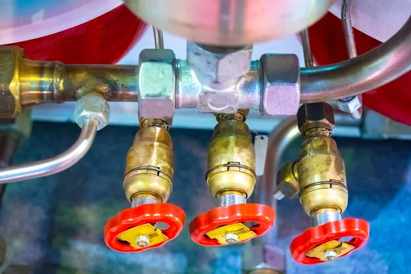 Valves in water sprinkler and fire fighting system. Fire protection in industry. Industrial fire extinguishing system.
