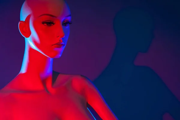 Mannequin girl on a dark background. Realistic human model. A mannequin for a shop window. Doll to show clothes and hats. The figure of a girl in a red light.