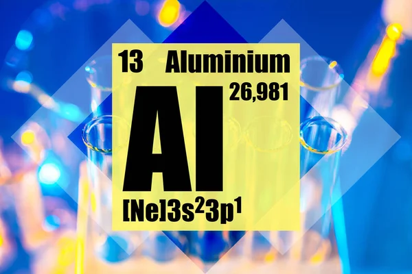 The chemical element is aluminum. Data from the periodic table for aluminum against the background of the chemical laboratory. Element with atomic number 13. Light metal. The most widespread metal.