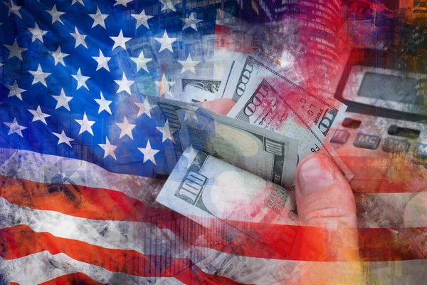 Issuance of benefits in United States. Dollars in hands of man. Money on background of flag of America. Concept - issuance of benefits from state. Financial market of the United States. Calculator.