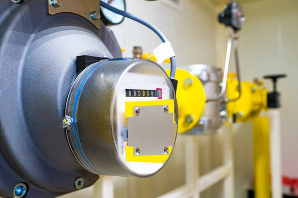 Household gas meter. Accounting for natural gas consumption. Gas measuring equipment. Gasification of private houses. Pipeline. Meter counter. Methane. Yellow trumpets. Gasification Services — Stock Image Household Gas Meter Accounting Natural Gas Consumption Gas Measuring Equipment Royalty Free Stock Photos