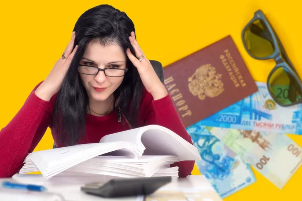 Upset woman next to Russian passport. Russian passport next to girl. Concept - loss of tourist industry in Russia. Woman counts losses. Sunglasses as a symbol of tourism. Accountant considers losses