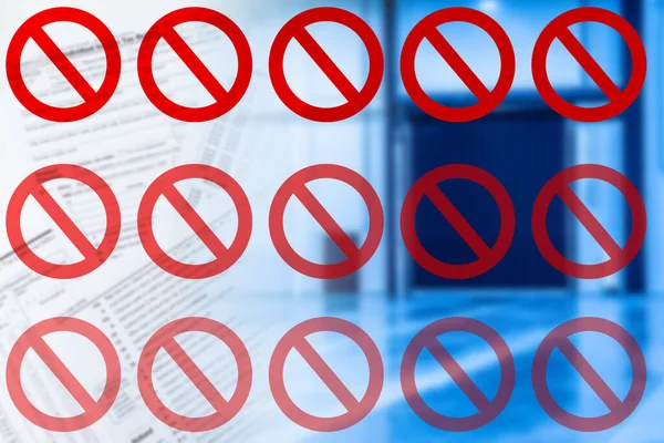 Prohibiting signs on the background of documents and rented premises. Request for deferred payments. Lack of funds due to the epidemic. Protest against payments. — Stock Image Prohibiting Signs Background Documents Rented Premises Request Deferred Payments Lack Stock Photo