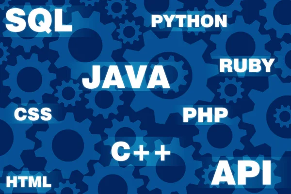 Logos of programming languages. Background consists of gears of different sizes. Background on the theme of programming. Names of different programming languages. Concept - web development training.