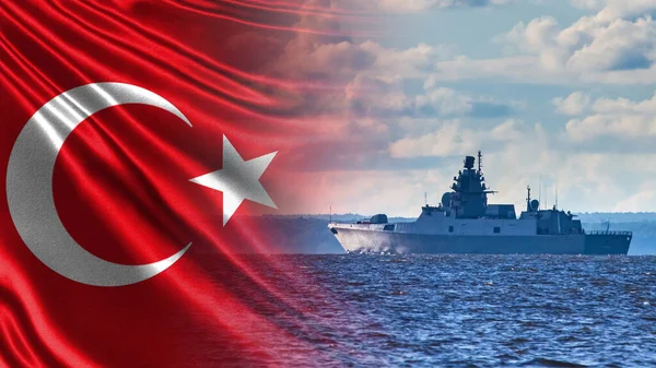 Turkish Navy. The ship against the background of gray water and cloudy sky. Combat duty of a Turkish ship. Turkish flag and border boat. Protection of the Maritime borders of the Republic of Turkey.