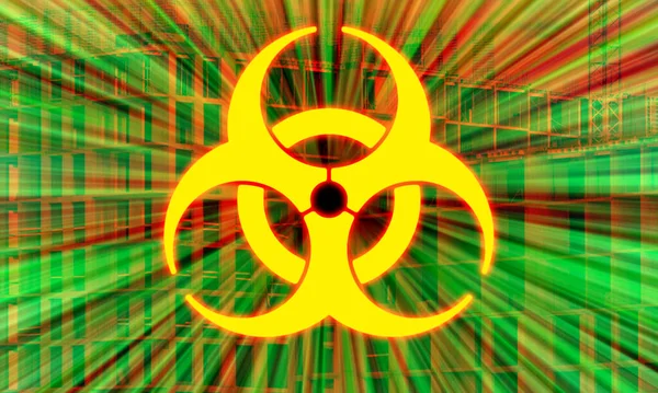 Biohazard. Sign of danger of infection on background of unfinished building. Sign of biohazard. Concept - construction discontinued due to quarantine. Stop construction work. Pandemic. Fever. Virus