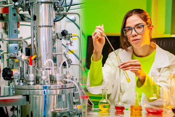 Chemical experiment. Girl on the background of chemical laboratory equipment in neon color. Bioreactor for Microbiology. The reactor-fermenter. Industrial fermenter. Microbial fermentation.