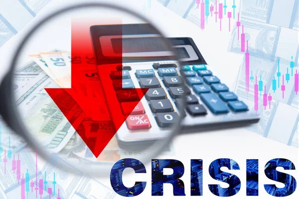 Crisis in business. Crisis logo next to the calculator. Red down arrow symbolizes a fall in revenue. Concept - drop in profits due to the financial crisis. Drop in business revenue.