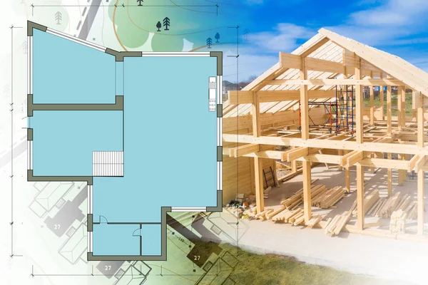 Construction. Concept - choice of layout of rooms in house. House plan shows layout of rooms. Concept - services of architectural bureau. Wooden frame of house is almost completed. Topographic plan