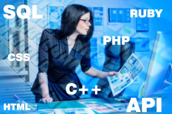 Programming language. Name of the programming language next to the woman. Woman chooses a programming language. Girl programmer near computer. SQL. PHP. API. Machine code. Website Development Studio