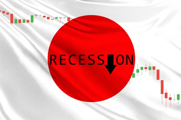 The recession in Japan. The word Recession and a declining graph against the background of the Japanese flag. Economic crisis in Japan. The word Recession with a down arrow.
