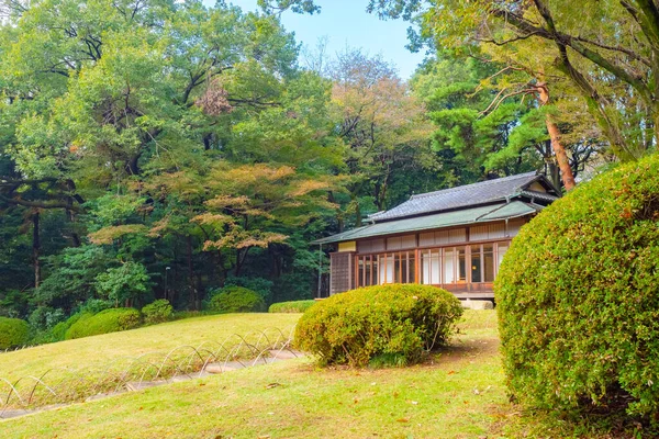 Japan. The Japanese pavilion in the Park. Landscape design. Autumn walk in the Park. Traditional Japanese building. Travel to Japan.