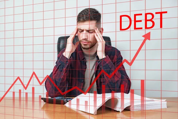 Man feels bad because of debt. Debtor is holding his head. Man counts his debt. Graph shows increase in the amount of debt a person has. Debtor has a headache. Headache due to financial problems