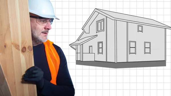 Construction and architecture. Builder with boards next to a 3d model of a house. Computer house at home as a symbol of design. Home construction. Man in form of a construction worker. Builder man