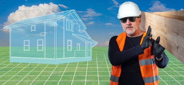 Builder. Man works a construction site. A man with wooden beams on background of sky. Virtual model of house on background of nature. Concept - career in a construction company. Services of builder