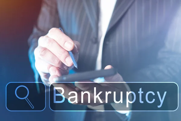 Bankruptcy icon next to a lawyer. Man provides services of bankruptcy attorney. Inscription is bankrupt next to a man in a business suit. Finding a financial lawyer. Search field next to businessman.