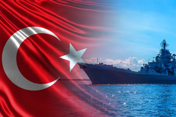 Turkish flag and warship on the background of blue water and sky. Turkish Navy. Weapons of the Turkish army. Protection of water borders of the Republic of Turkey. Battleship of Turkey.