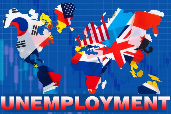 The concept of global unemployment. The word Unemployment on the background of the world map and state flags. Crisis in the world labor market. There is a widespread shortage of jobs.
