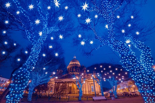 Christmas In Saint-Petersburg. Christmas decorations near St. Isaac Cathedral. Russian city in the new year. Winter evening in St. Petersburg. Christmas in Russia. Festive Russian city.