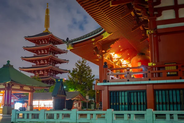 Japan. Evening in Tokyo. Asakusa temple in Tokyo. Buddhism. Tokyo Attractions. Japanese places of worship. Evening lighting of the Asakusa temple. Travel to Japan.