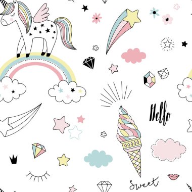 tek boynuzlu at rüyalar desen doodle tarzı