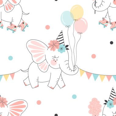 Balonlar ve pamuk ile düzenleyince peri fil candy, çocuklar desen, mutlu Doğum günü grafiği