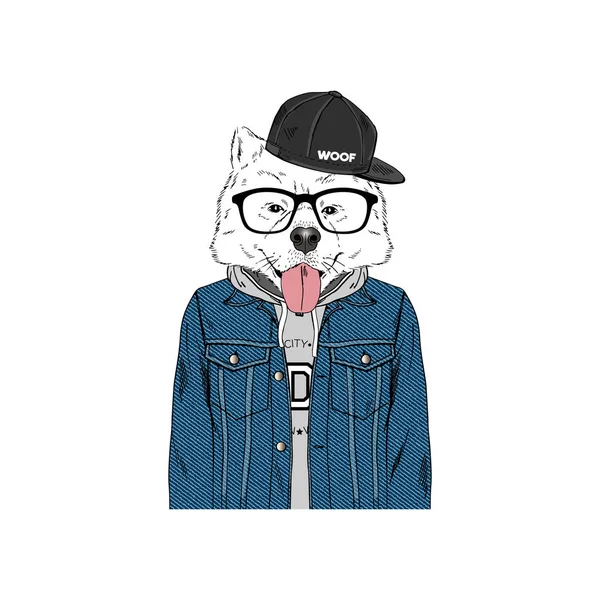 Samojeed Hipster Portret Fashion Honden — Stockvector