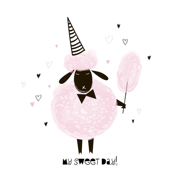 ピンクの甘い綿と羊 落書き保育園イラスト — ストックベクタ
