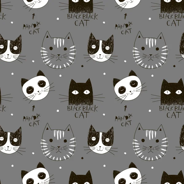 Funny Cats Seamless Monocrome Pattern — Stock Vector