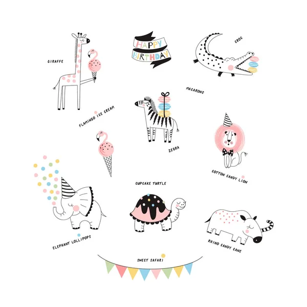 Σαφάρι Ζώων Γλυκά Χαρούμενα Γενέθλια Κόμμα — Διανυσματικό Αρχείο