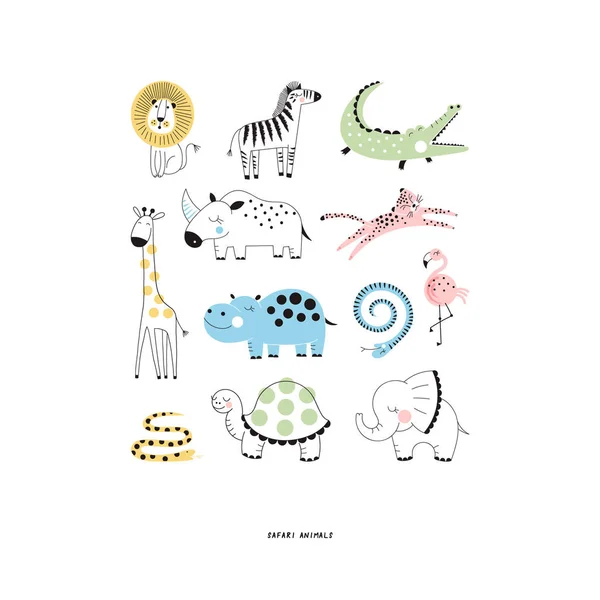 Decorative Safari Cute Animals Set — Stock Vector