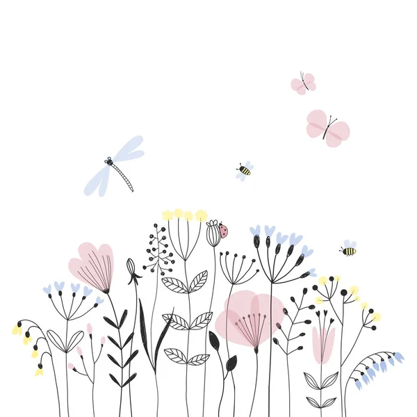 Літнє Квіткове Поле Ніжна Ілюстрація — стоковий вектор