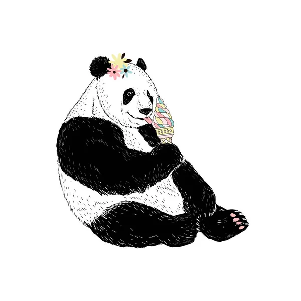 Lindo Panda Comer Helado Animales Divertidos Ilustración — Vector de stock