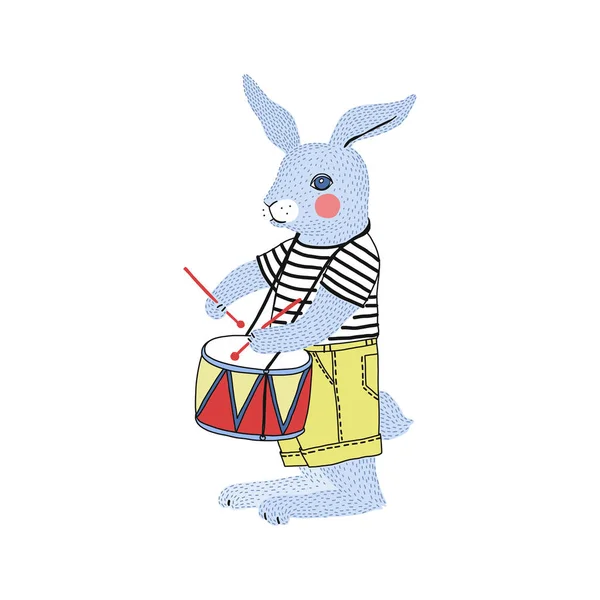 Bunny Drummer Dekorative Kinderillustration — Stockvektor