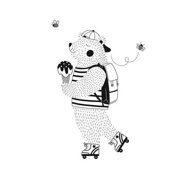 Funny Bear Rullarna Moderna Kid Illustration — Stock vektor