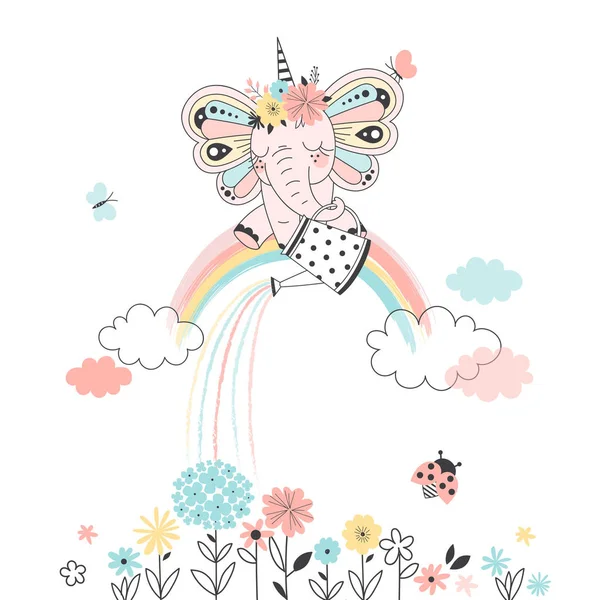 Cute Baby Elephant Sitting Rainbow Watering Flowers Fairy Illustration Kids — Stock Vector