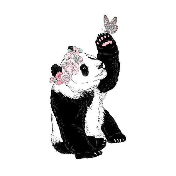 Mignon Panda Guirlande Florale Avec Papillon Illustration Drôle Animaux — Image vectorielle