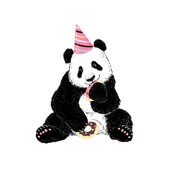 Lindo Panda Comer Donuts Feliz Cumpleaños Ilustración — Vector de stock