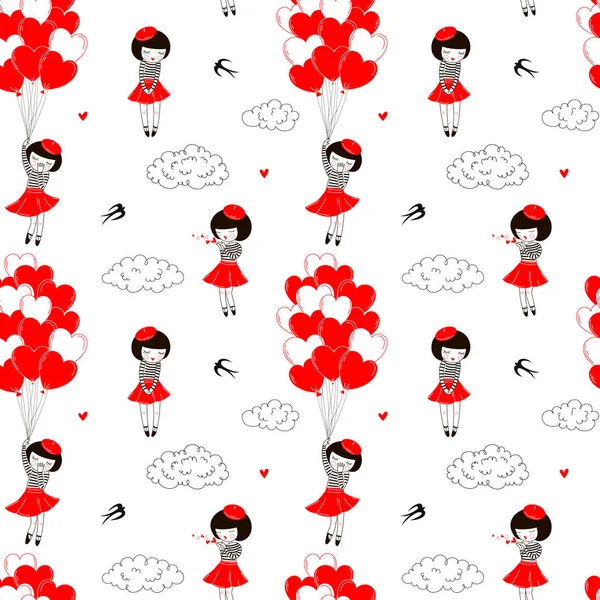Muster Für Valentinstag Design Mit Süßem Mädchen — Stockvektor