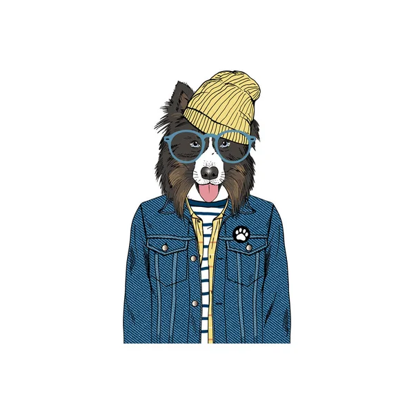 Australian Shepherd Hipster Portrait Fashion Dogs — Stock Vector