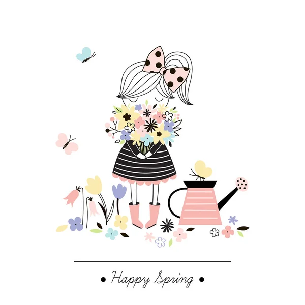 Niedliches Mädchen Mit Blumenstrauß Frühlingsdesign — Stockvektor